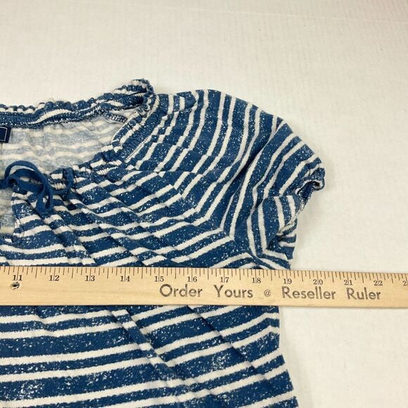 Chaps Womens Cotton Peasant Top Blue Ivory Stripe Short Sleeve Neck Tie Shirt XL - Picture 8 of 10